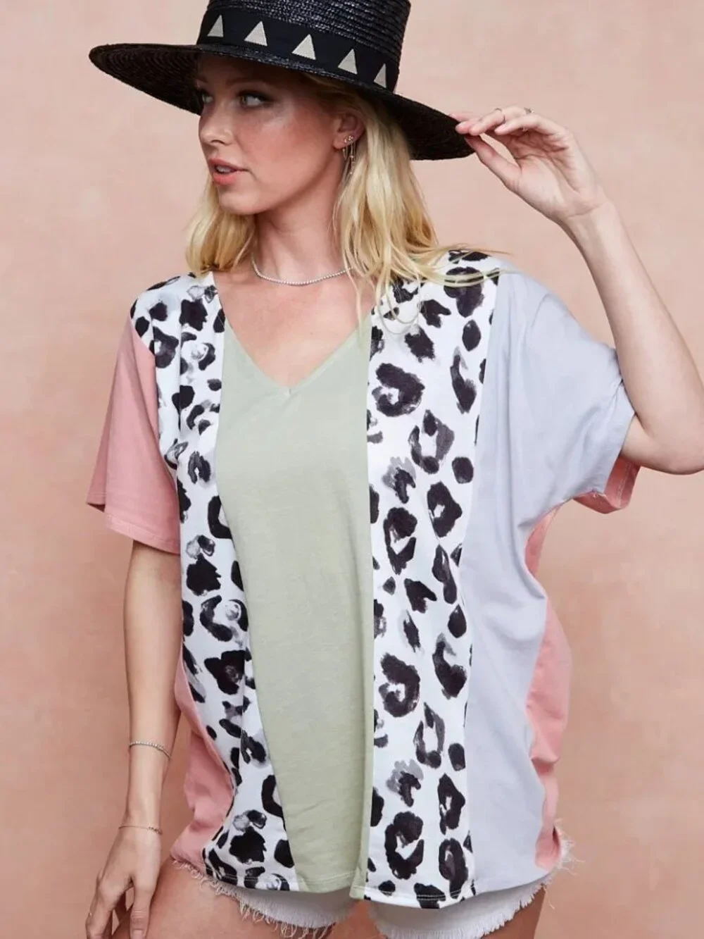 BiBi Cotton Span Knit With Leopard Color Block Top